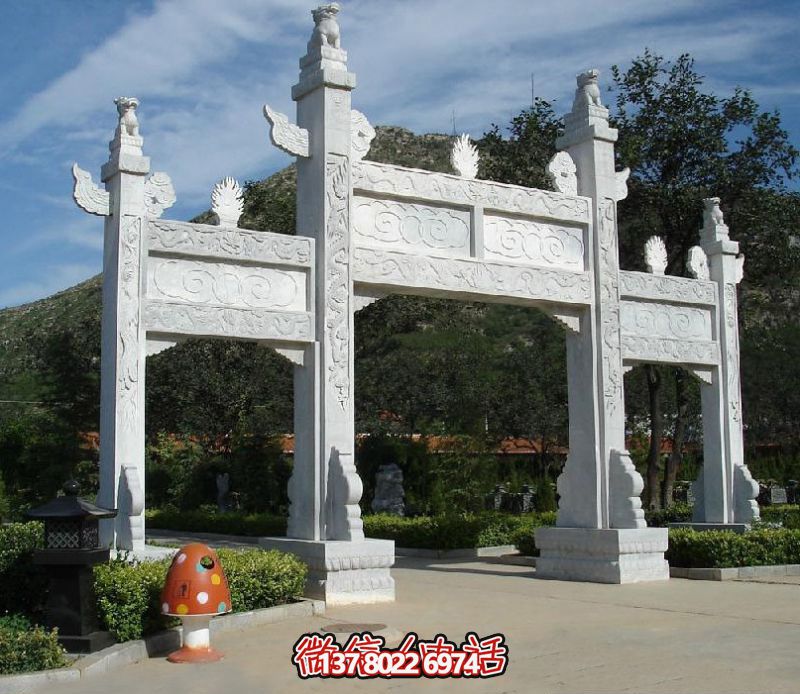 精致園林景觀，漢白玉華表浮雕祥云門樓石牌坊