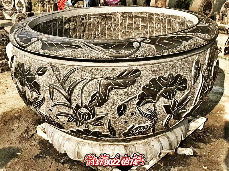 精美大理石浮雕蓮花缸，現代庭院裝飾雕塑