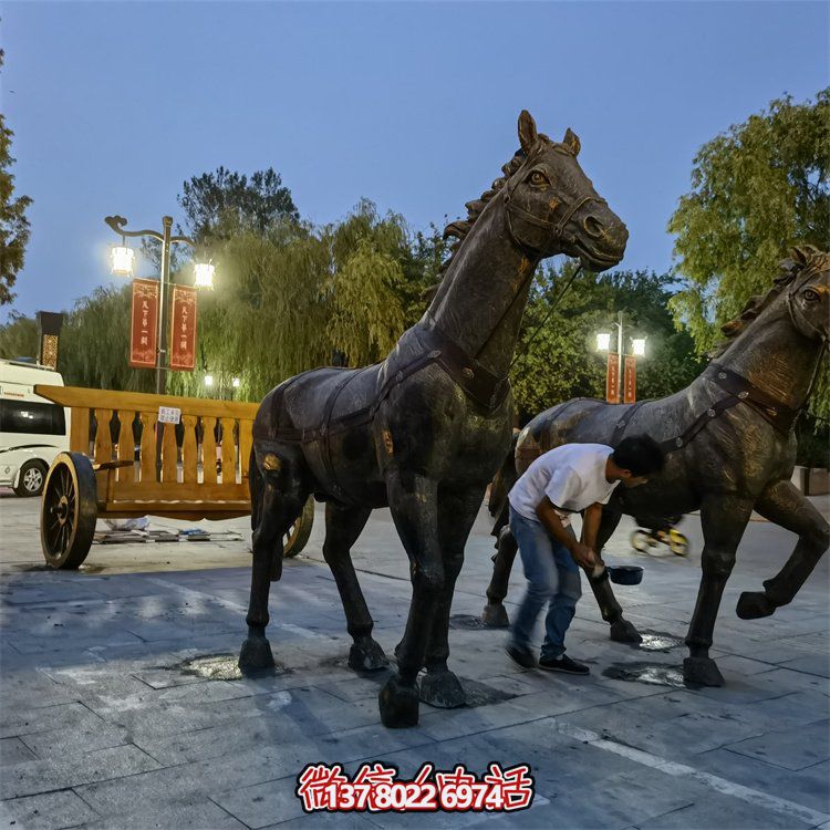 仿古銅中式馬拉車(chē)玻璃鋼景觀雕塑，非凡戶外擺放裝飾