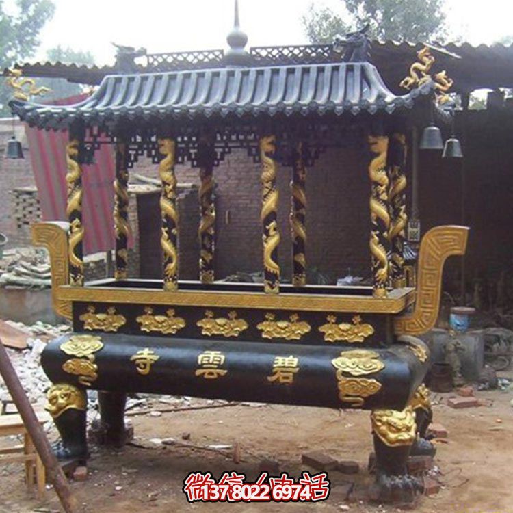 鑄鐵噴漆寺院戶(hù)外擺放燒香寶頂八龍柱香爐·