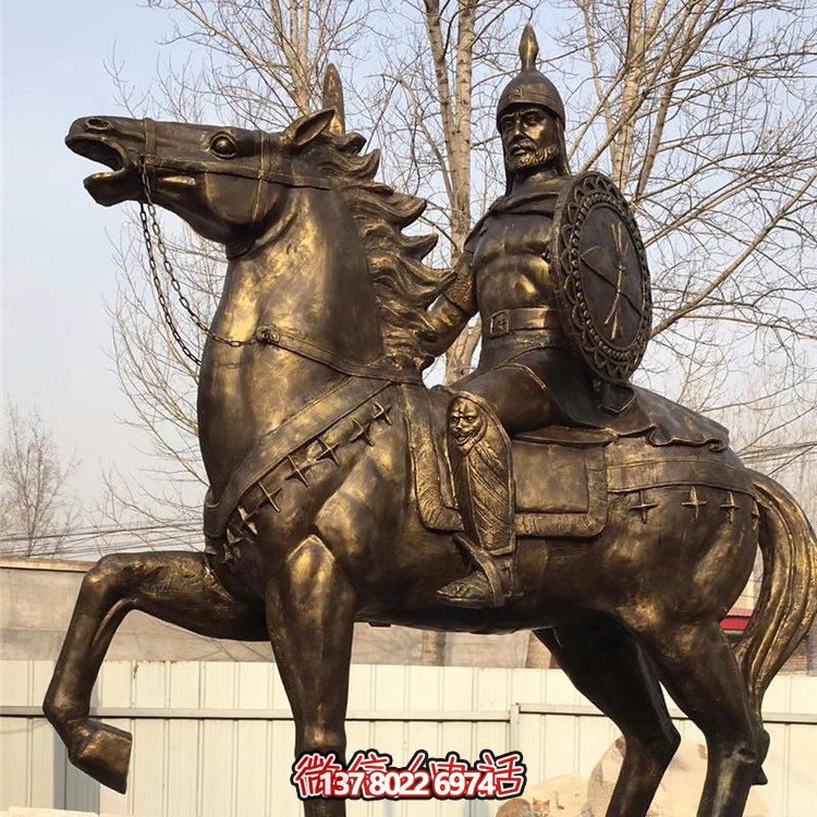 西方古代的騎馬士兵銅雕，手持盾牌騎馬身上的西方戰(zhàn)士